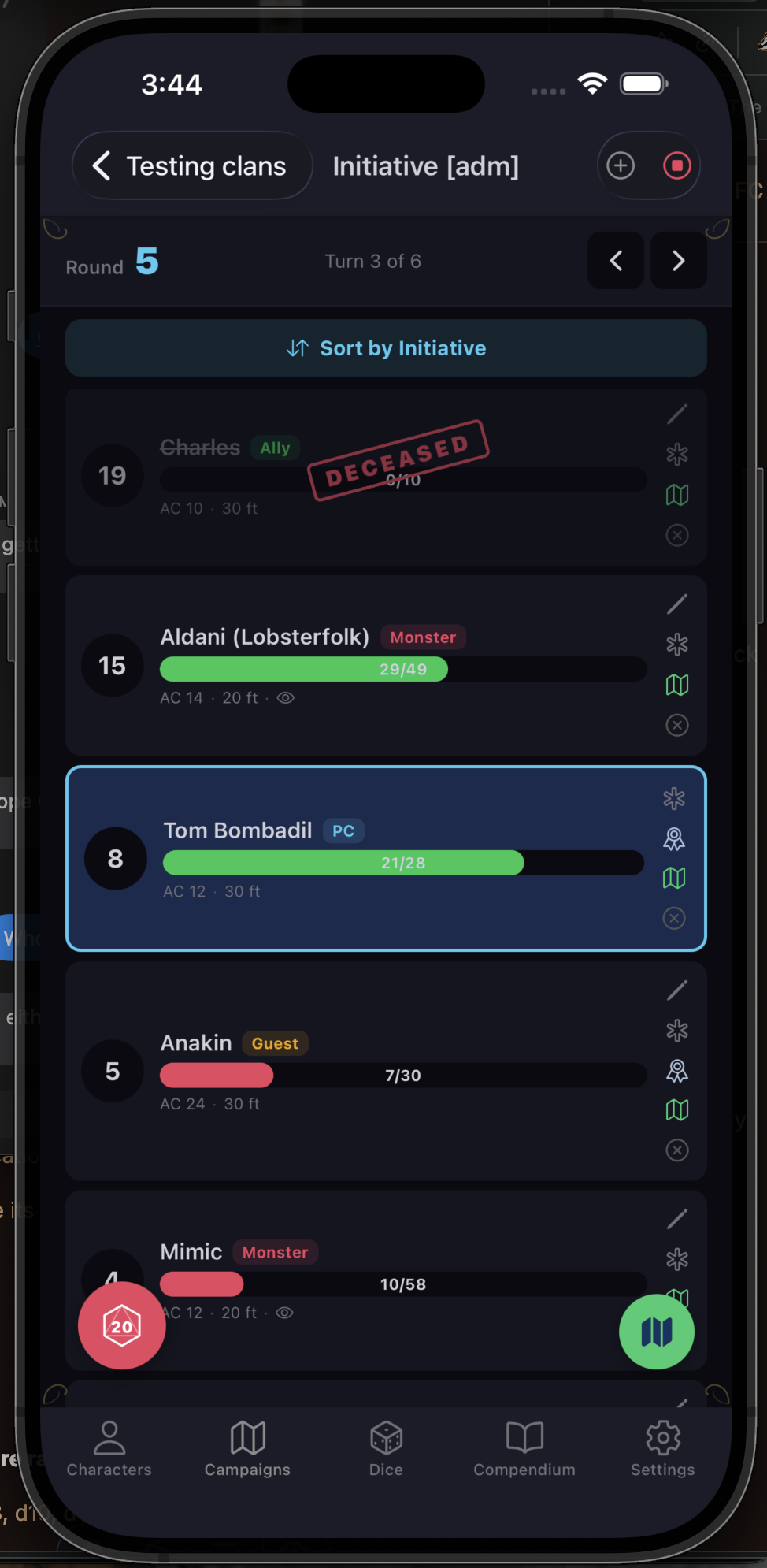 Initiative tracker showing turn order with HP bars and conditions